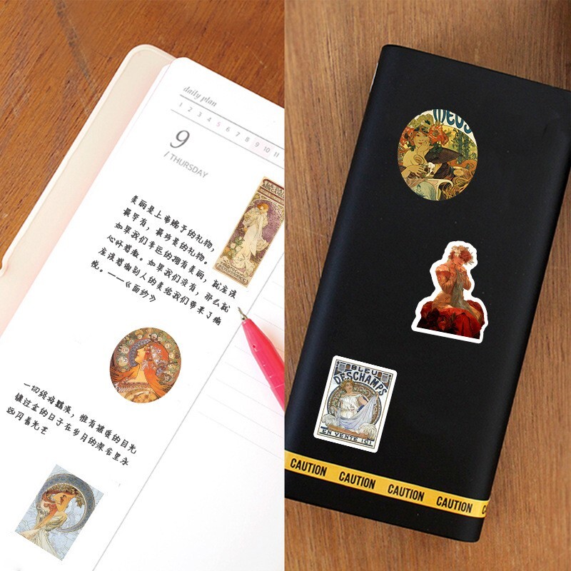 90pcs Alphonse Mucha Stickers, Monet Van Gogh Famous Painting Stickers, #002080