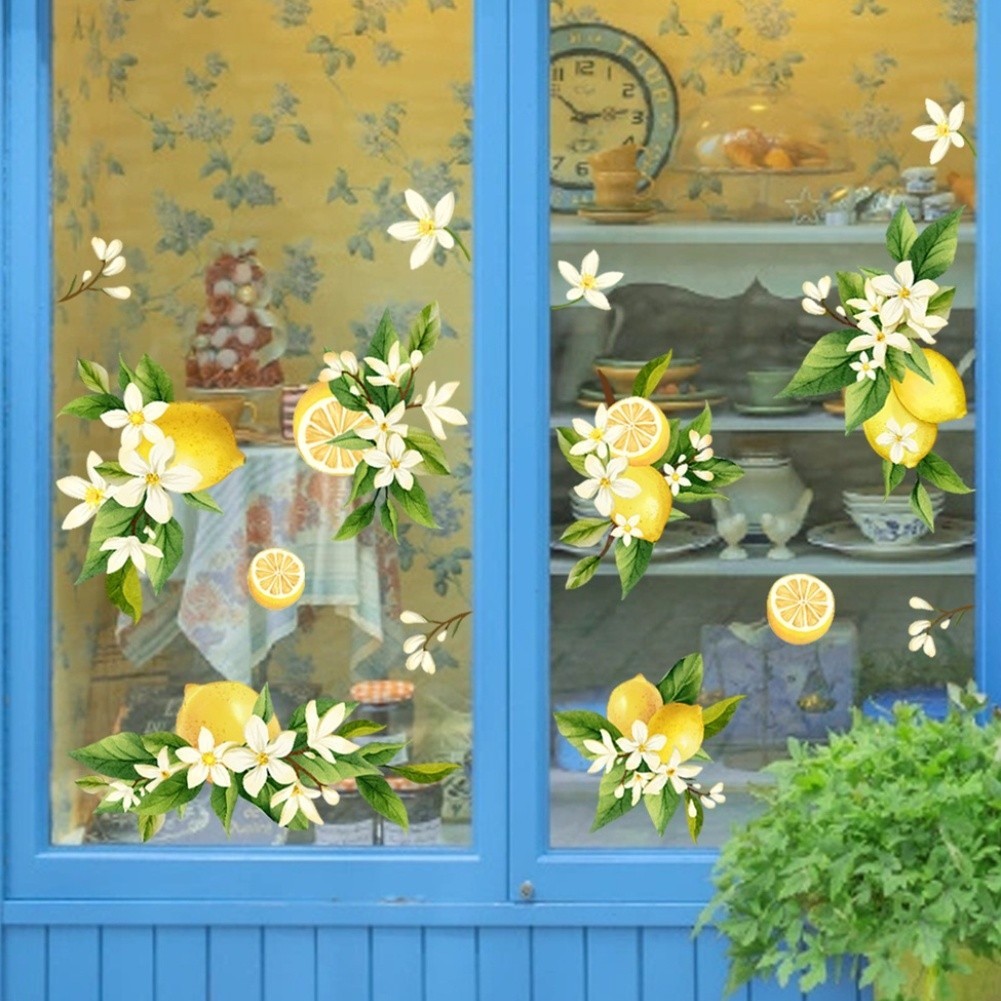 Static Cling Decal Yellow Lemon and Floral Branch for Kitchen Living Room Decor
