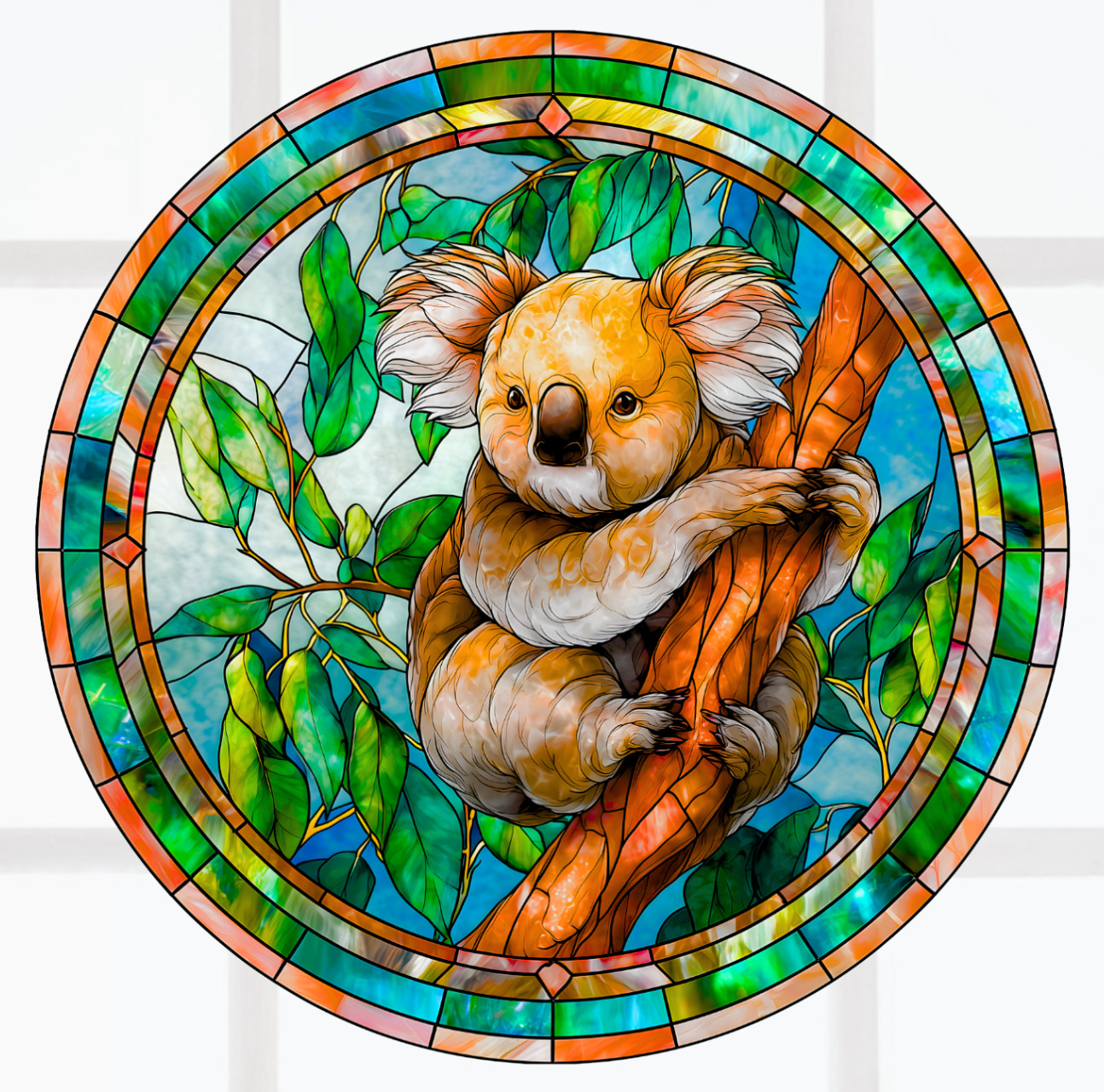 Koala Bear Faux Stained-Glass WINDOW CLING Size 8″ Round Repositionable Vinyl