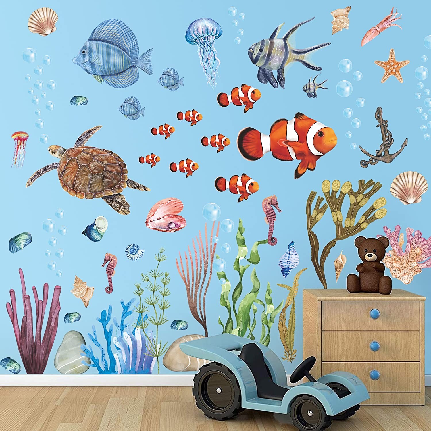 3D Ocean Wall Stickers Under The Sea Decals 12 inch x 18 inch, Blue