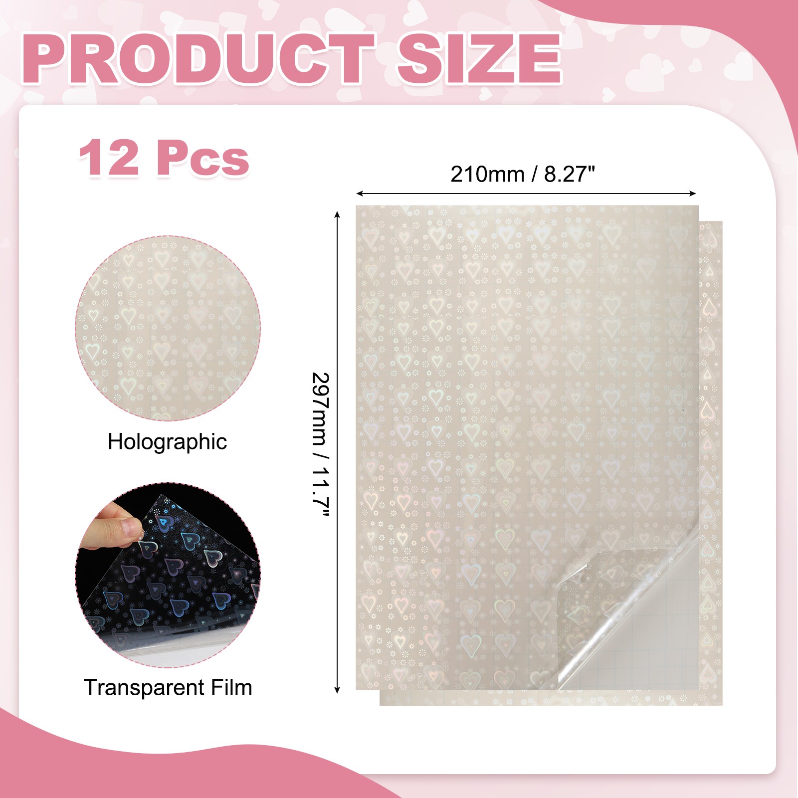 12 Sheets 8.3″x11.7″ Holographic Sticker A4 Self-Adhesive Film(Heart)