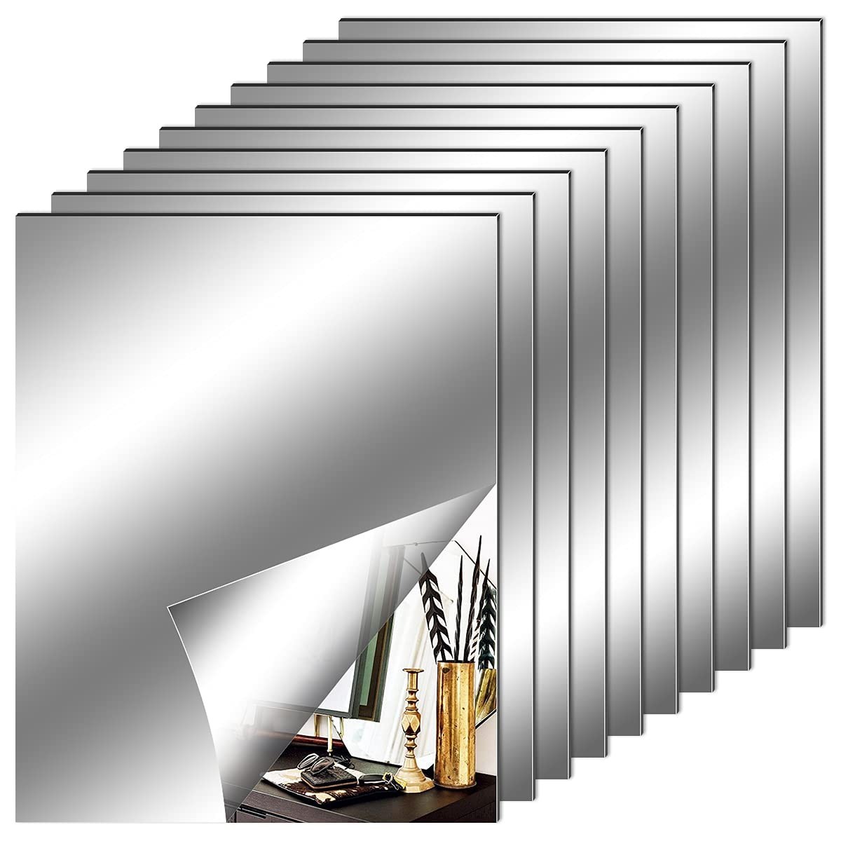 10PCS Self Adhesive Mirror Sheets Plastic Wall Decor Tiles 8×10 Inch