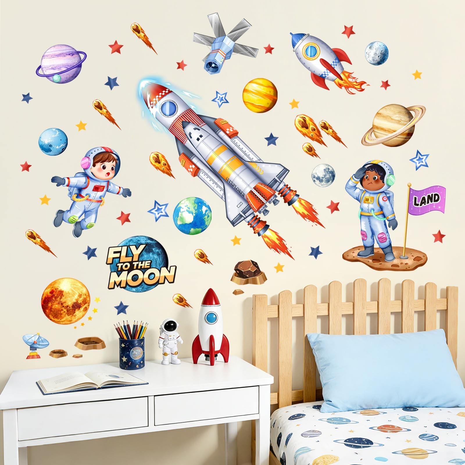 Space Wall Decals for , Rocket Astronaut Planet Peel and Stick Wall Art Stick…