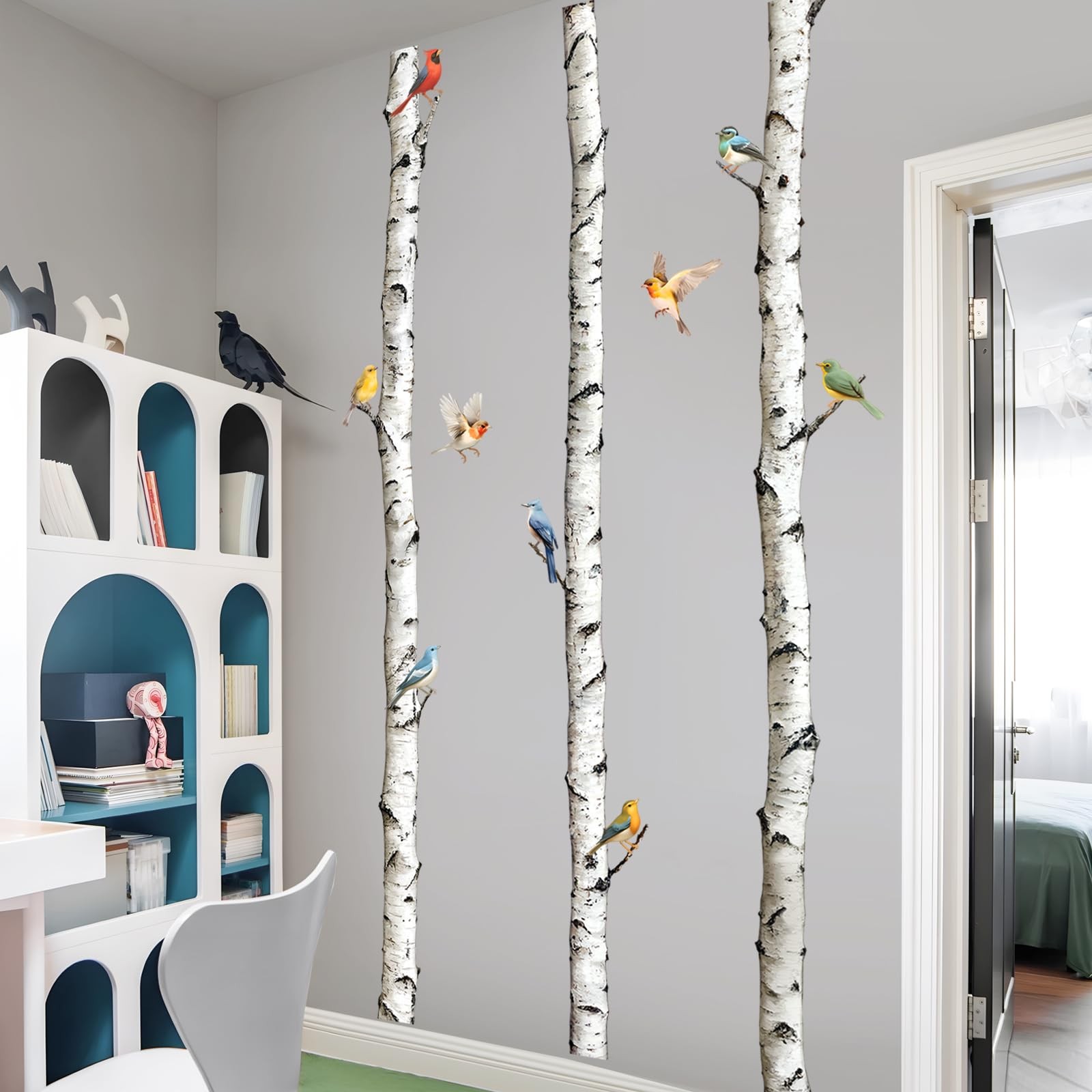95″ Tall Birch Tree Wall Decals 3 White Aspen Trees Flying Birds Wall Sticker…