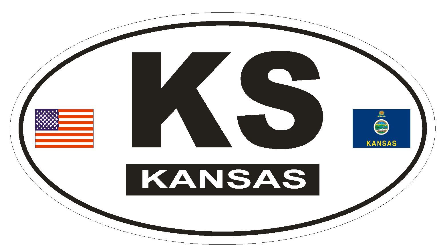 KS Kansas Oval Bumper Sticker or Helmet Sticker D798 Euro Oval with Flags
