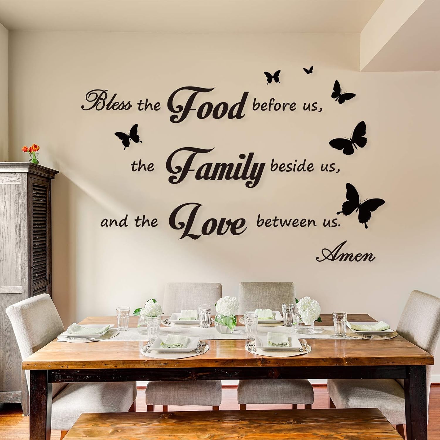 Wall Decor Stickers for Dining Room – Bless the Food and Family Quotes (3 Pack)