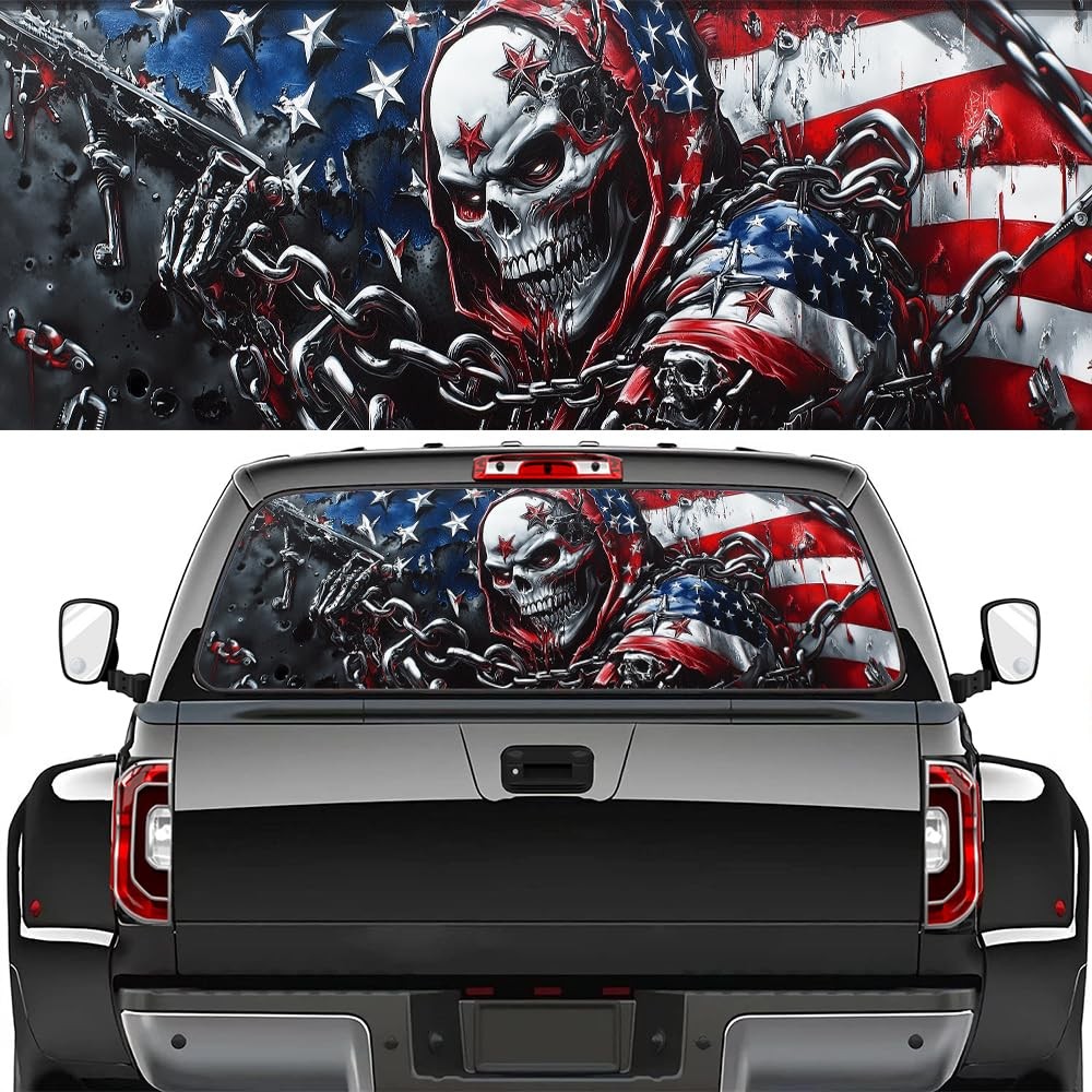 American Style Skulls Truck Rear Window Graphic Decals, Watercolor Flag Horro…