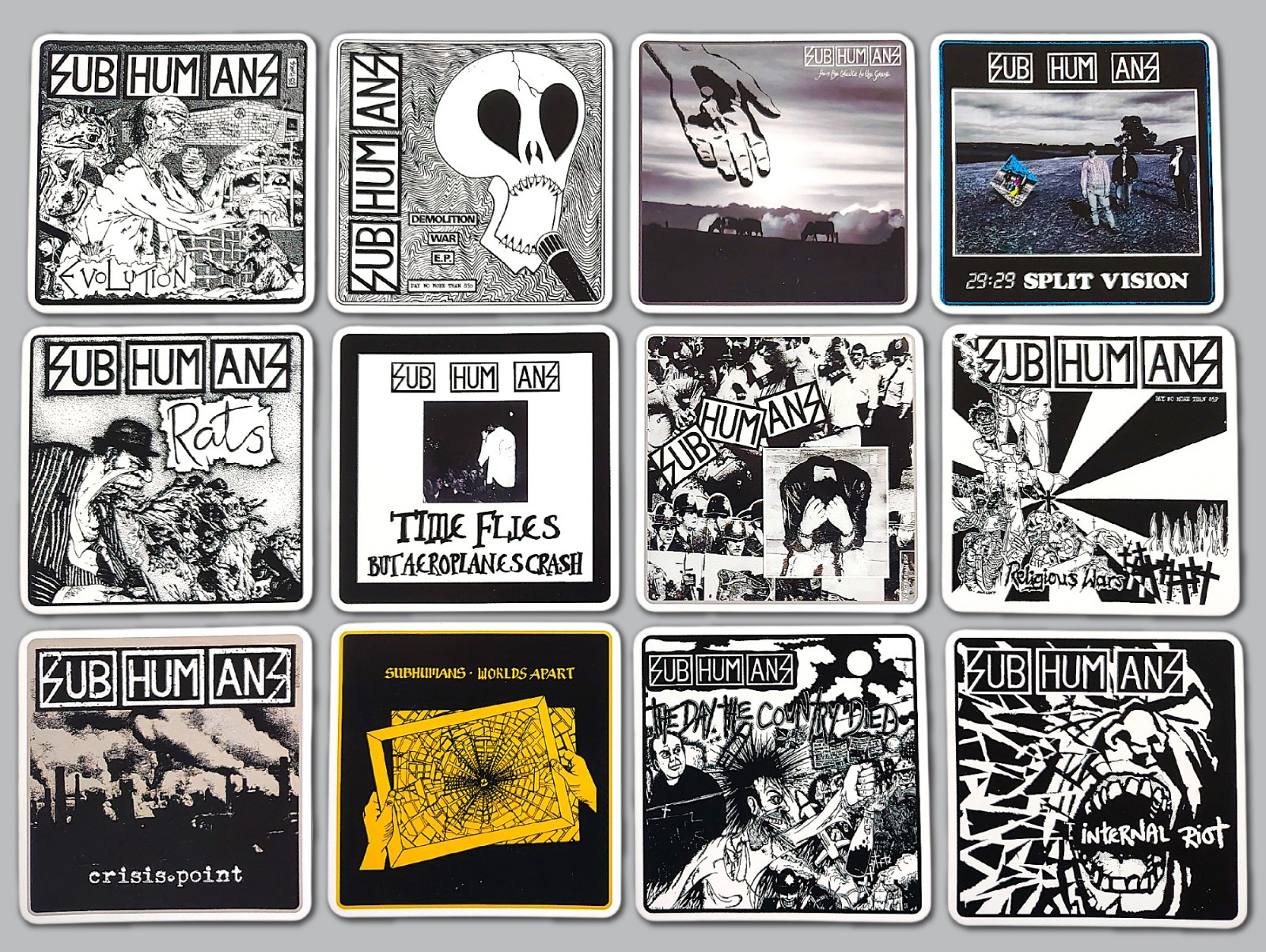 SubHumans Inspired Sticker Pack (12) Album Art, Hardcore Anarcho Punk Band