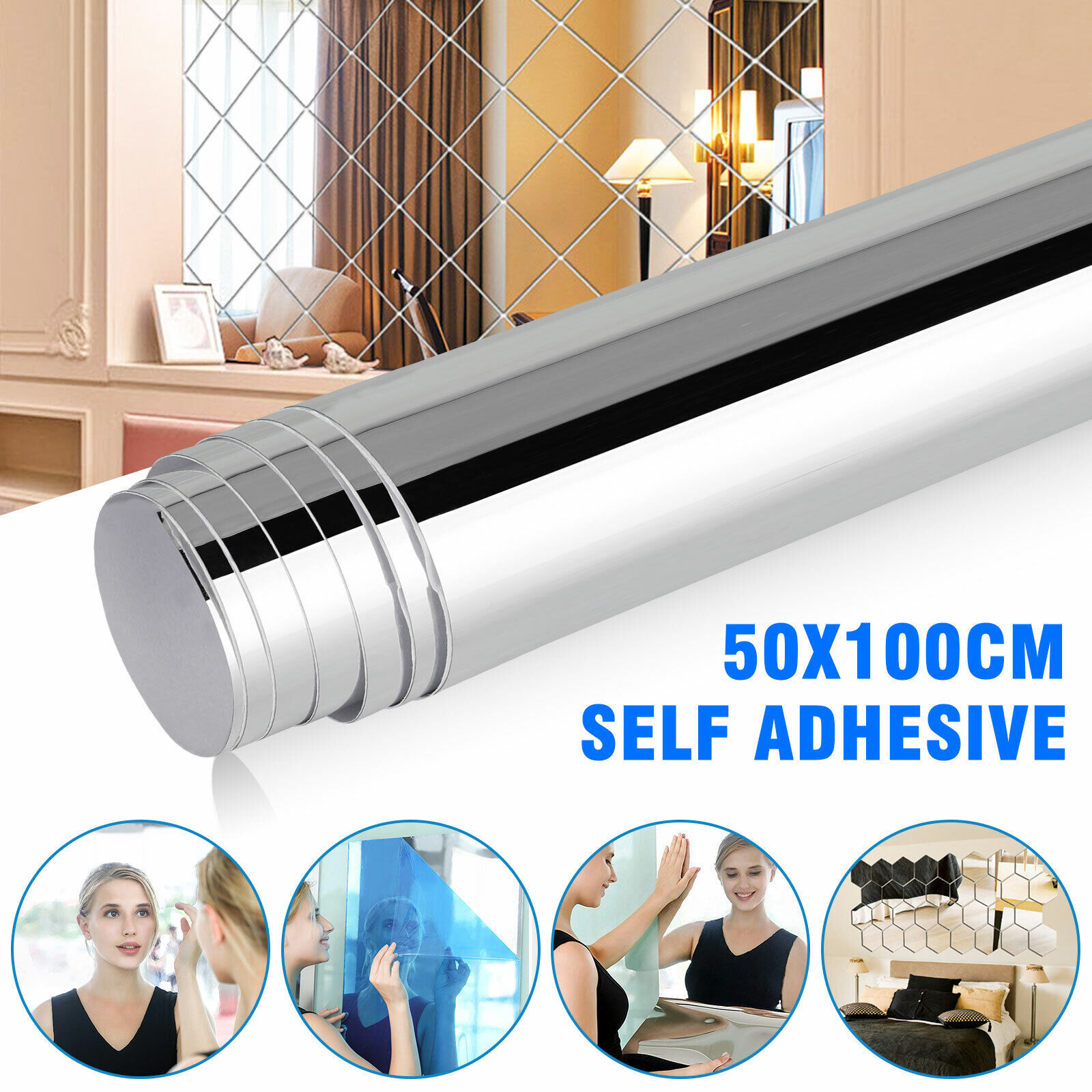 Mirror Reflective Kitchen Wall Stickers Self Adhesive Tile Film Paper Home Decor