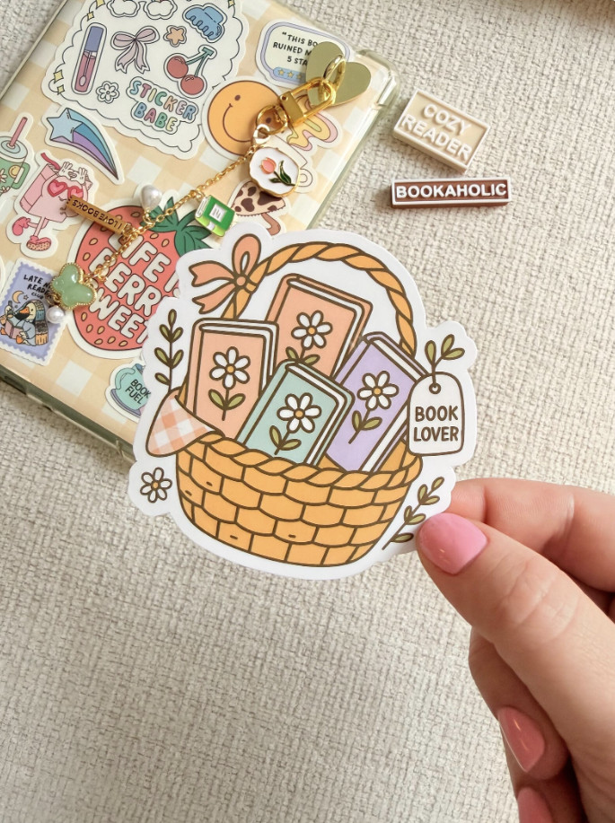 Cute Bouquet Basket of Books Sticker Book Lover Cozy Bookish Aesthetic