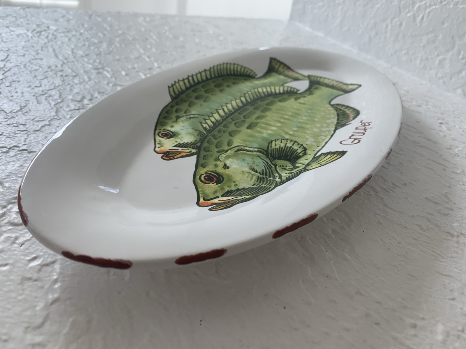 Mud Pie Grouper Design Oval Shape 13”x 6” Wall Hanging Ceramic Green Fish Dish