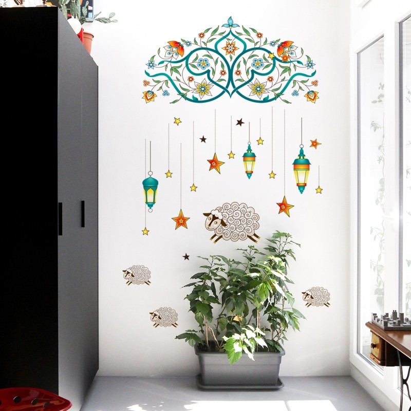 Eid Wall Stickers 2pcs/set Vintage Flower Vine Stars Lantern Window Decal