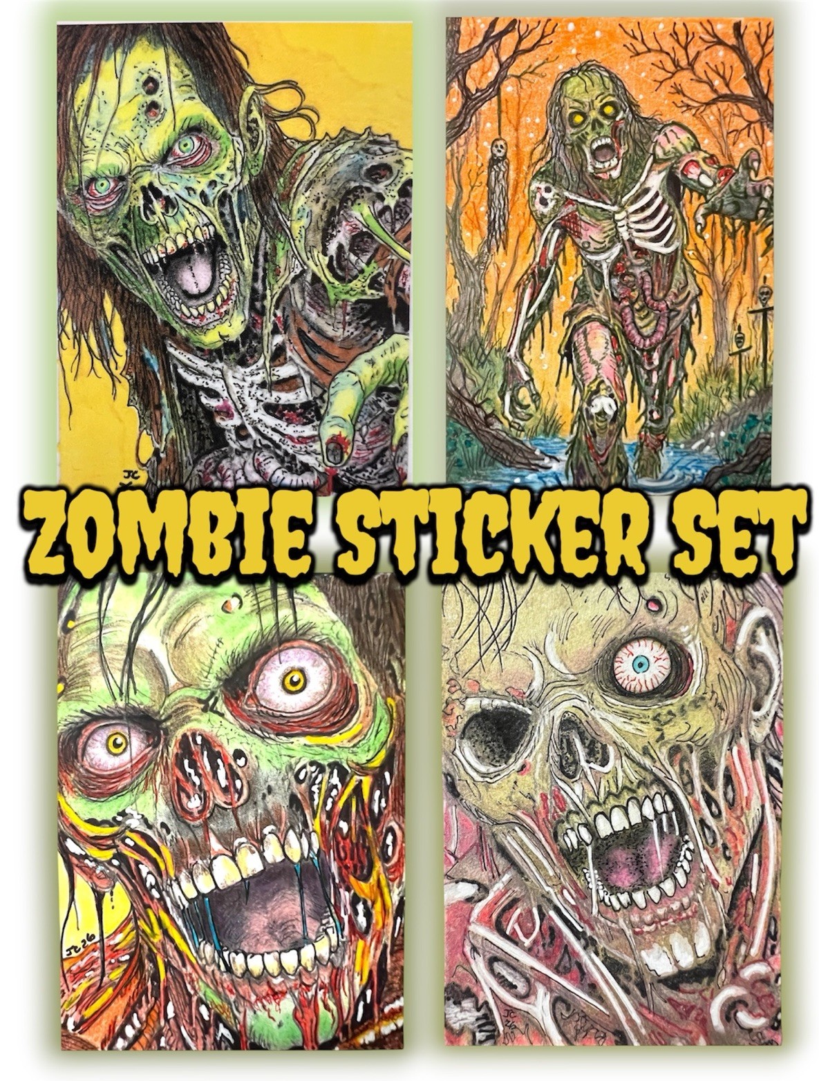 Zombie Art Stickers Set 3×4” Glossy Waterproof Horror ACEO Pop OOAK Art Prints