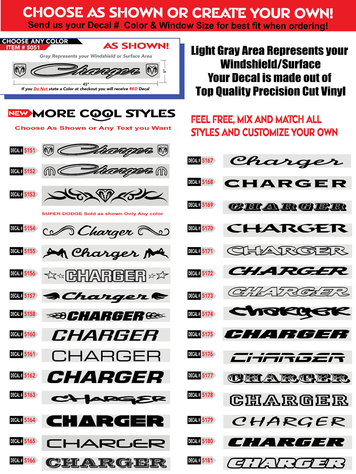 CUSTOM TEXT ” CHARGER ” RT SRT WINDSHIELD VINYL DECAL STICKER 44″w x 4″h