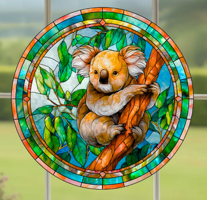 Koala Bear Faux Stained-Glass WINDOW CLING Size 8″ Round Repositionable Vinyl