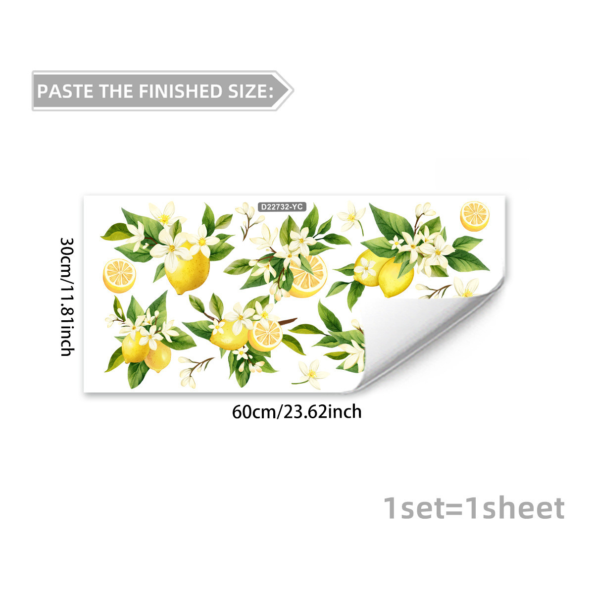 Yellow PVC Static Cling Window Decal Lemon Floral Art Design 11.81×23.62in Size