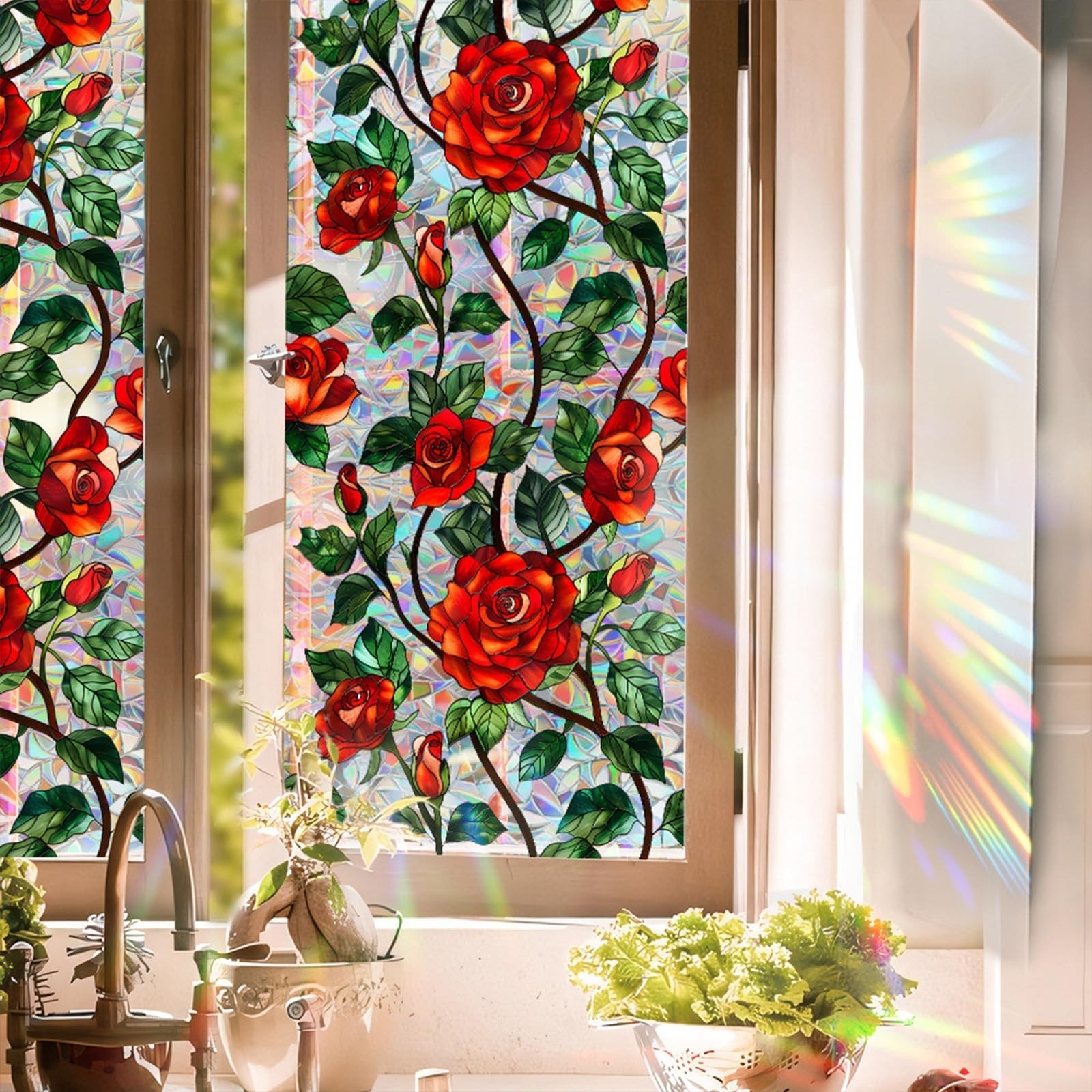 Stained Glass Window Film, Rose Floral Privacy UV Resistant, Removable Static…