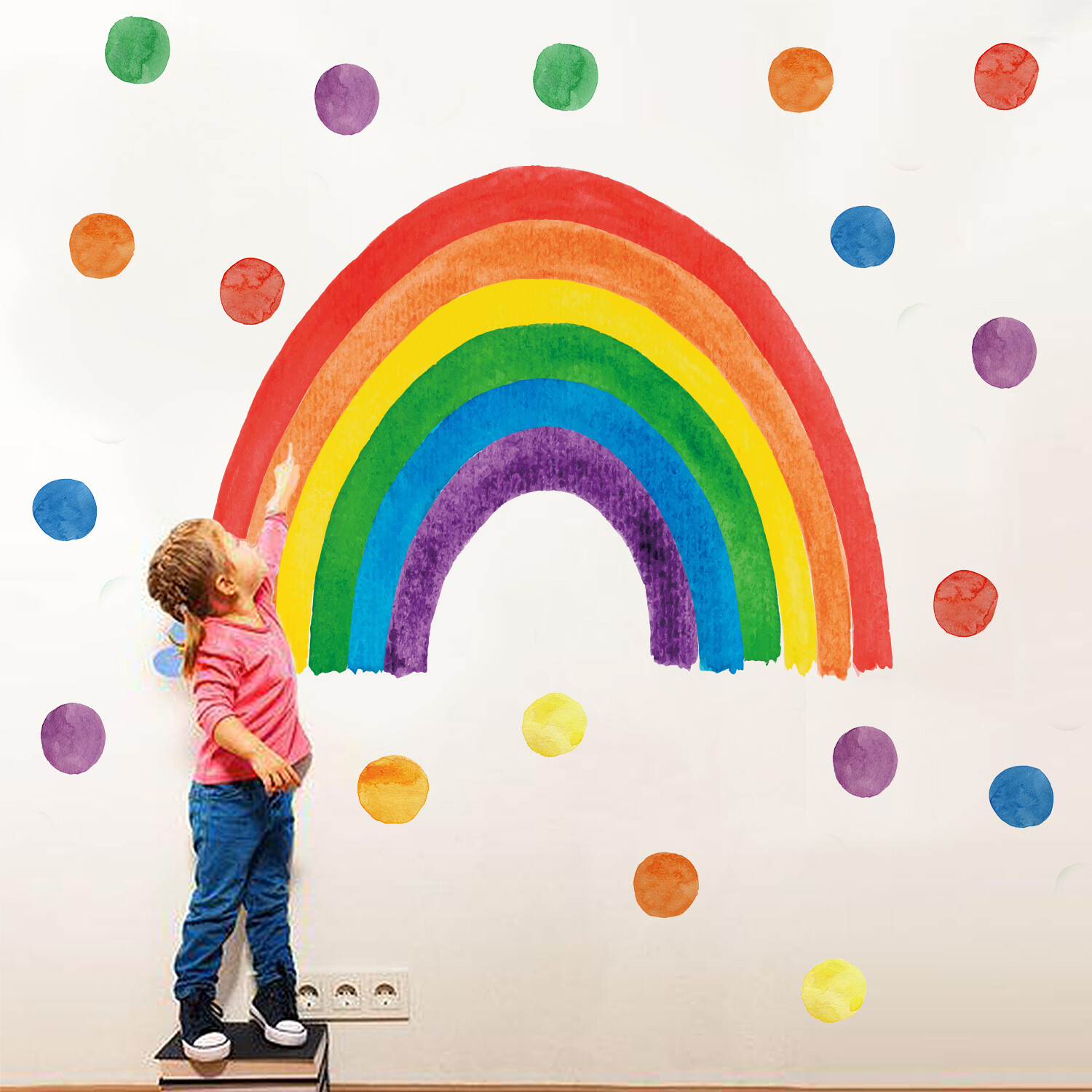 Color Polka Dots & Rainbows Wall Decal Self Adhesive for Bedroom Living Room