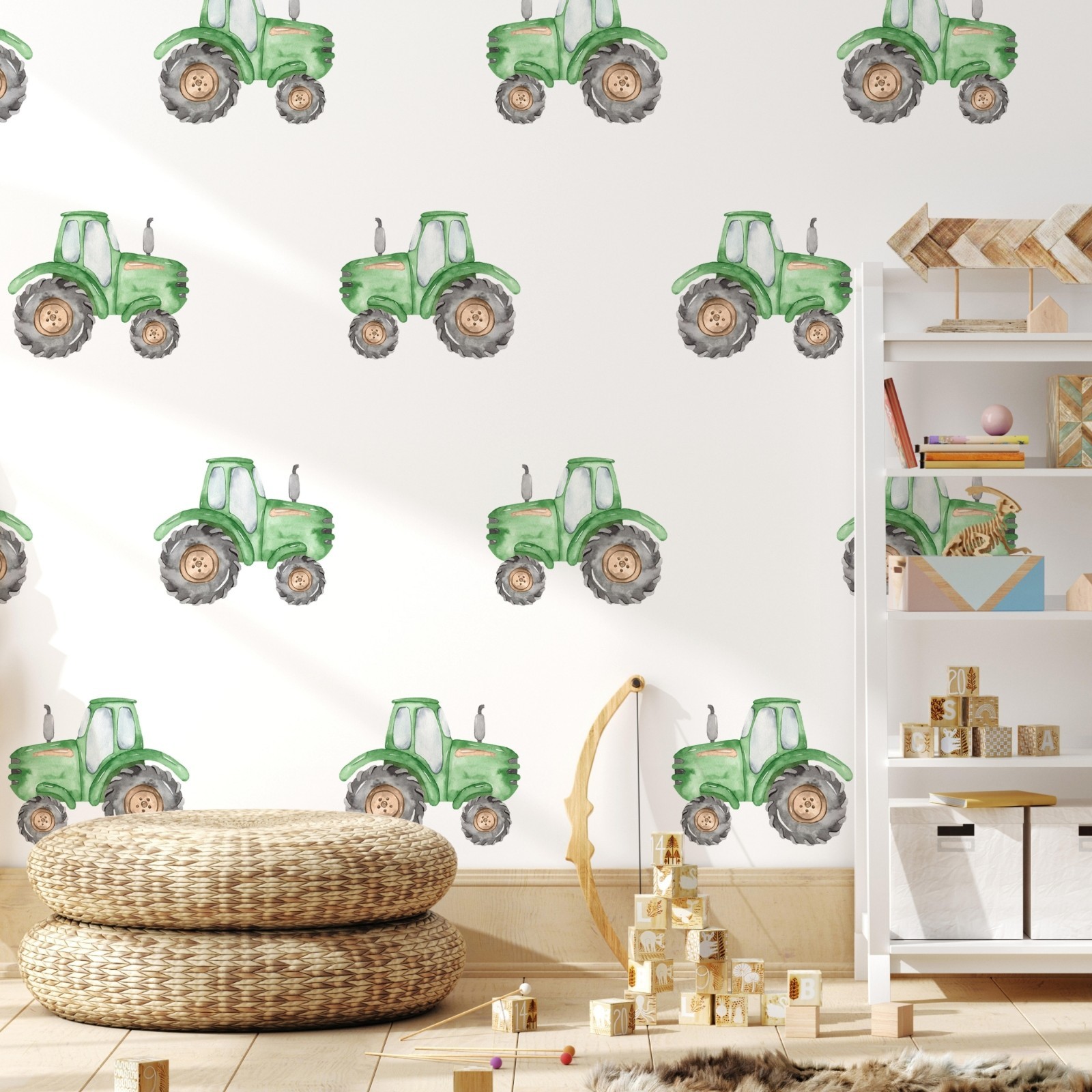 X-SMALL Green Tractor Wall Decals Set Watercolor Farm Vehicle Stickers Removable