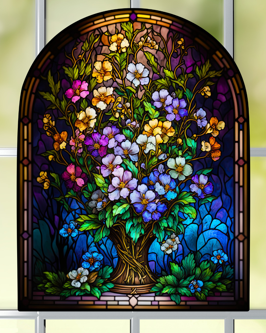 Primroses Faux Stained-Glass WINDOW CLING Size 10.3″ Arch Shape ~ Vinyl