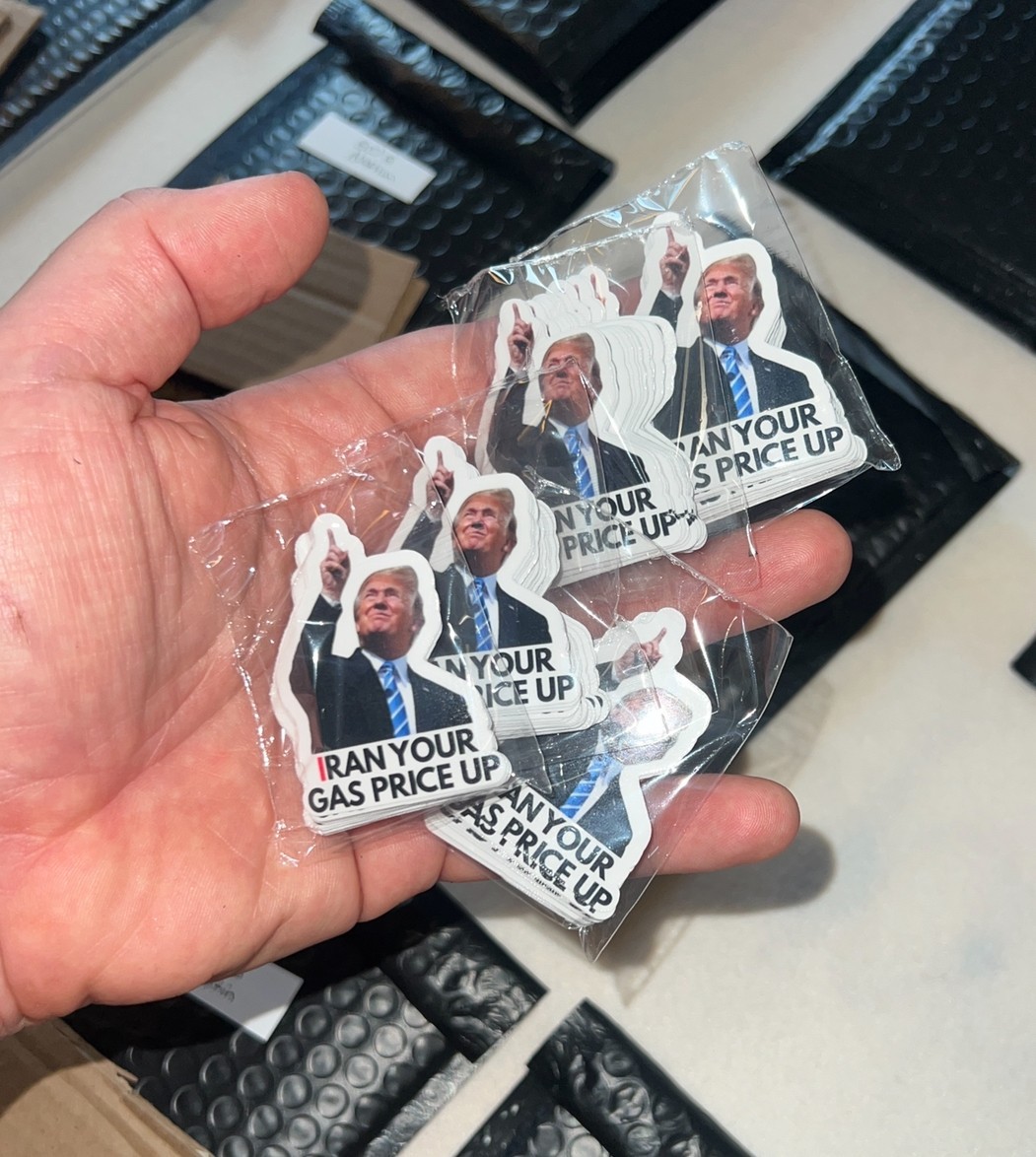 100 Trump Stickers “IRAN YOUR GAS PRICE UP” Gas Pump Waterproof Vinyl NEW 1.5″