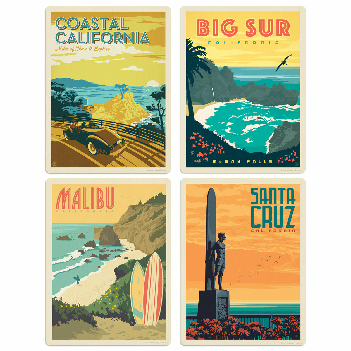 Coastal California Santa Cruz Surfer Vinyl Sticker Set of 4 Decals