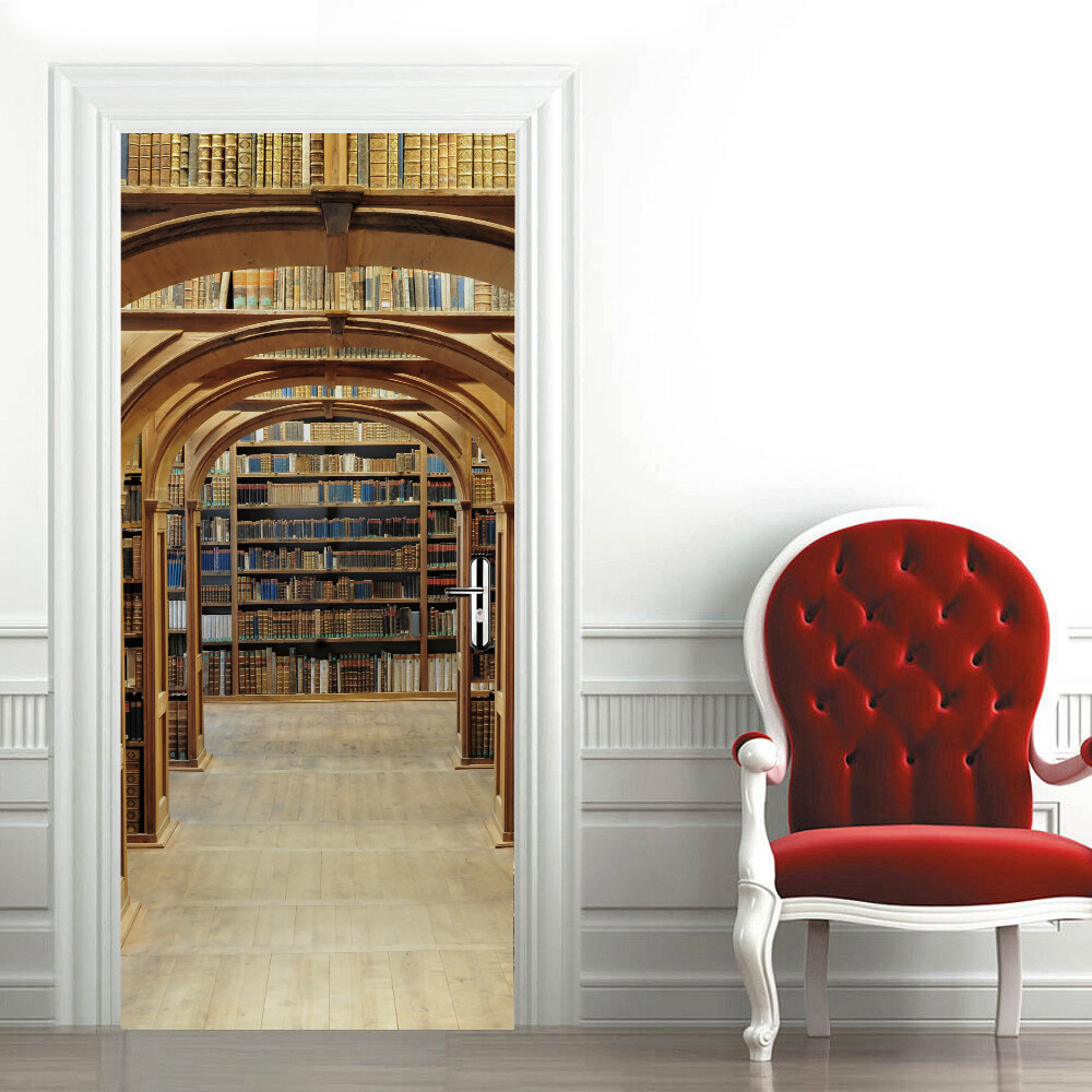 Door Sticker Library Retro Bookshelf Wall Decals Mural 3D Waterproof Wallpaper