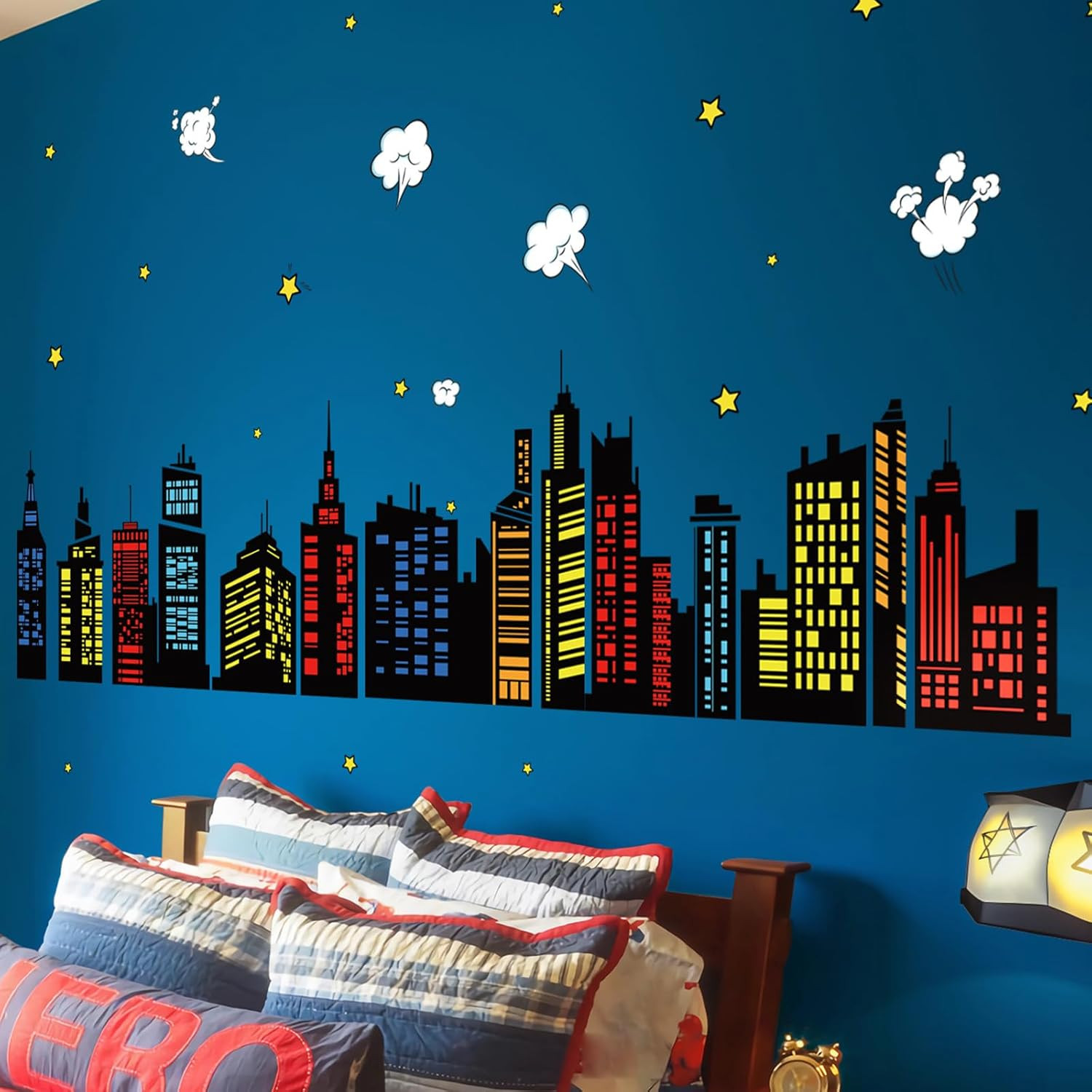 Colorful City Skyline Wall Decals Hero City Building Stars Wall Stickers Bedroom