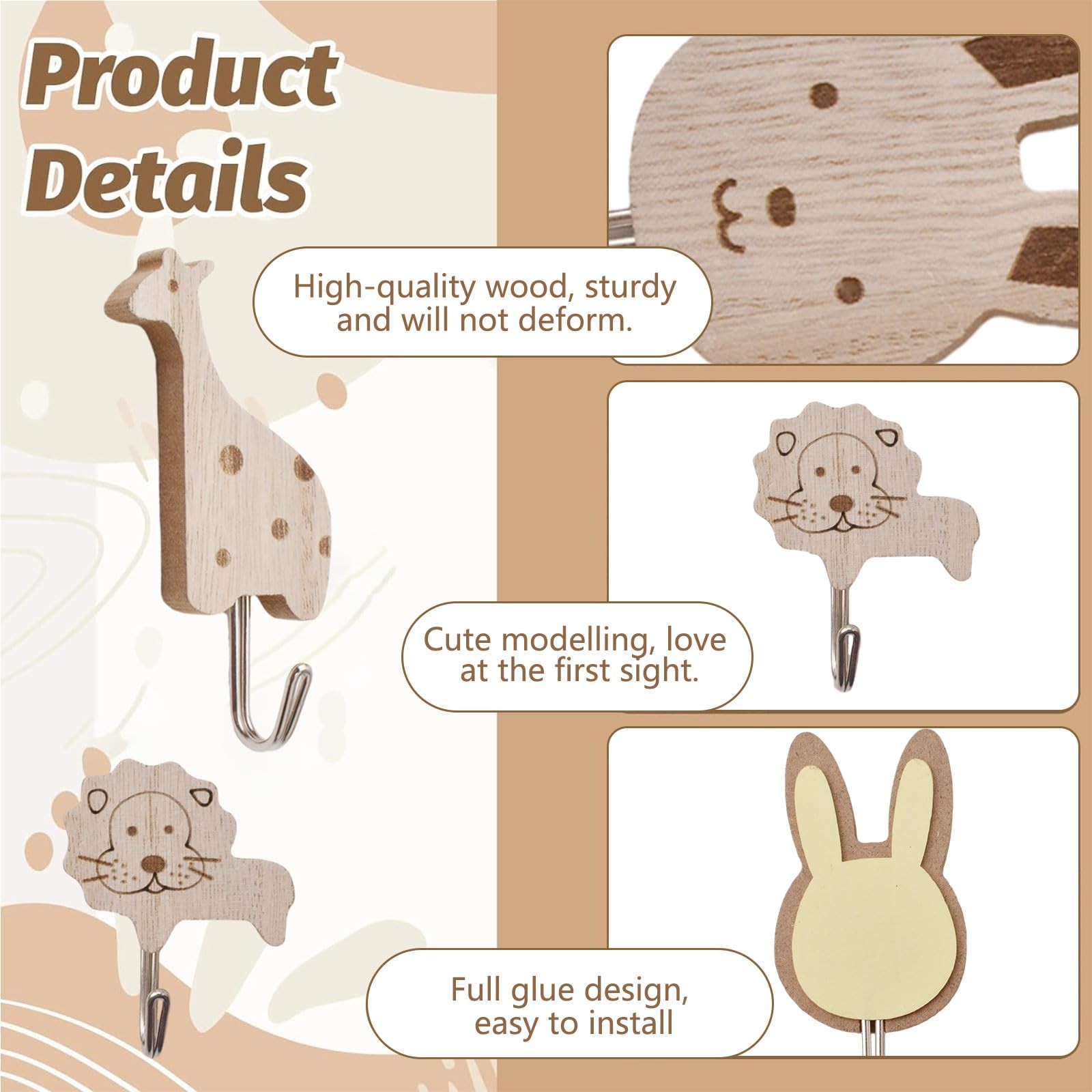 Wooden Animal Hooks, 5pcs Decorative Coat Wall Mounted Hangers Cats, Lions, R…