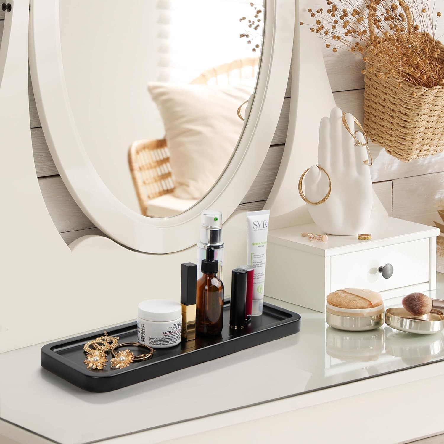 Set of 2 Black Wooden Bathroom Decor Box & Vanity Tray for Organizing Essentials