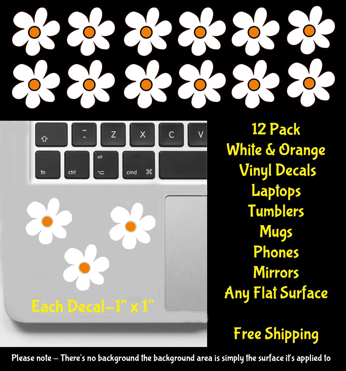 Daisy Hippie Flowers 12 PK 1″ White & Orange Vinyl Decals Any Flat Surface