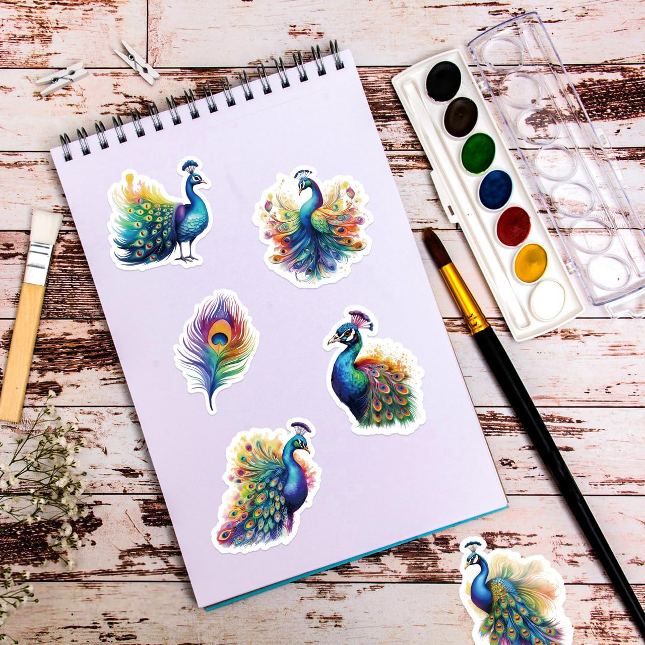 50 Pegatinas Coloridas De Pavo Real Impermeables Para Portatil Botella Diario