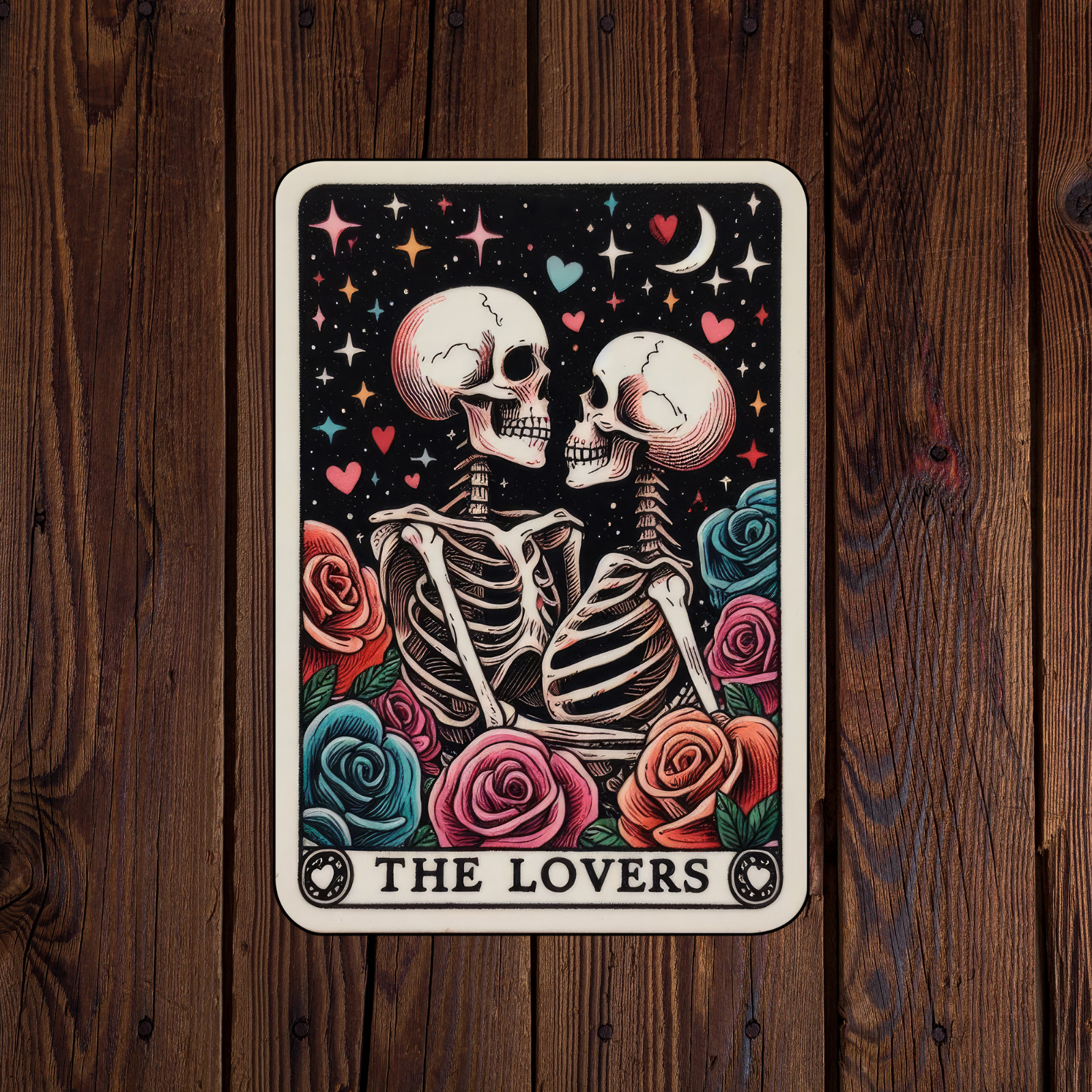 Tarot card sticker vinyl decal the lovers skeleton roses moon stars couple mug