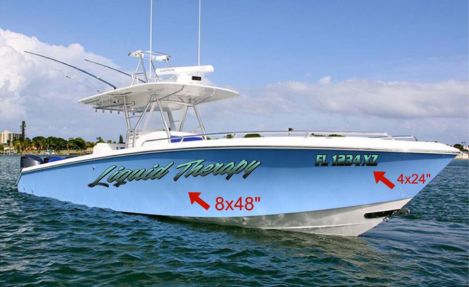 Boat Name Decal 6×36″ / Custom Hull Graphic / Premium Marine Vinyl Lettering GRB