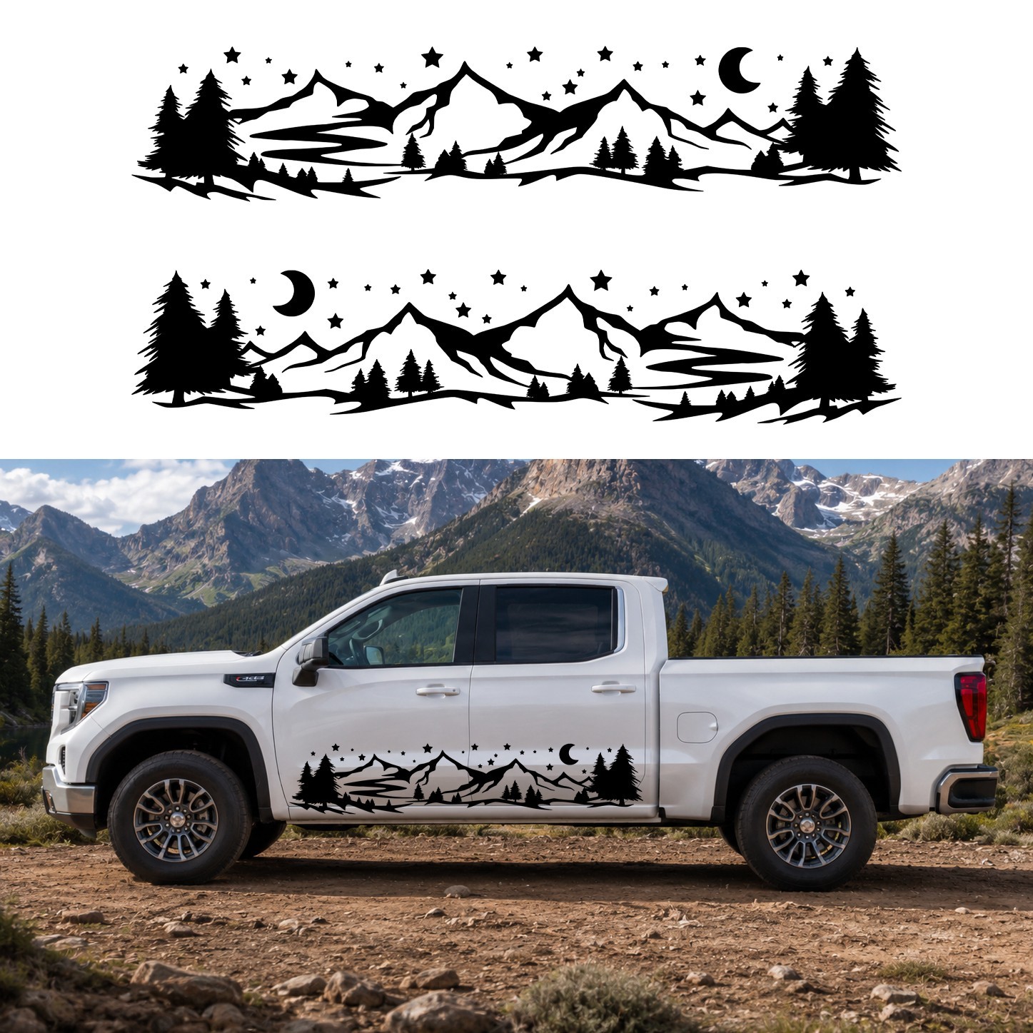Mirrored Pair Mountain Moon Stars Truck RV Camper Side Vinyl Decals V6