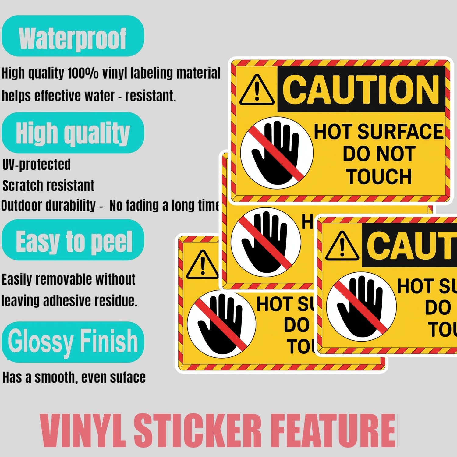 4PCS Caution Hot Surface Do Not Touch Stickers – Safety Warning Vinyl Decals –
