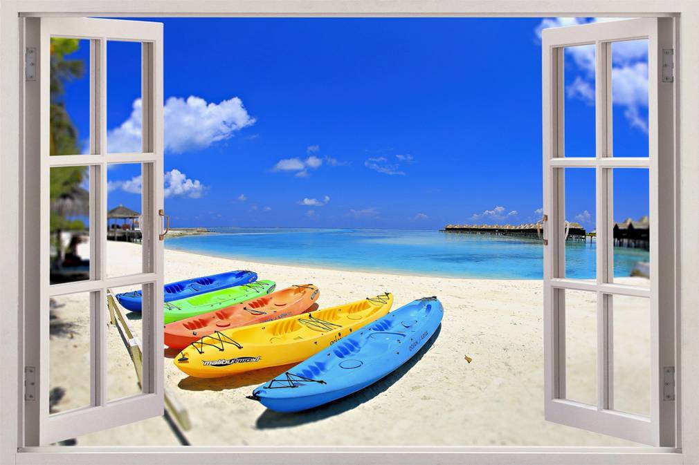 MALDIVES BEACH 3D Window View Decal WALL STICKER Home Decor Art Mural Exotic 03