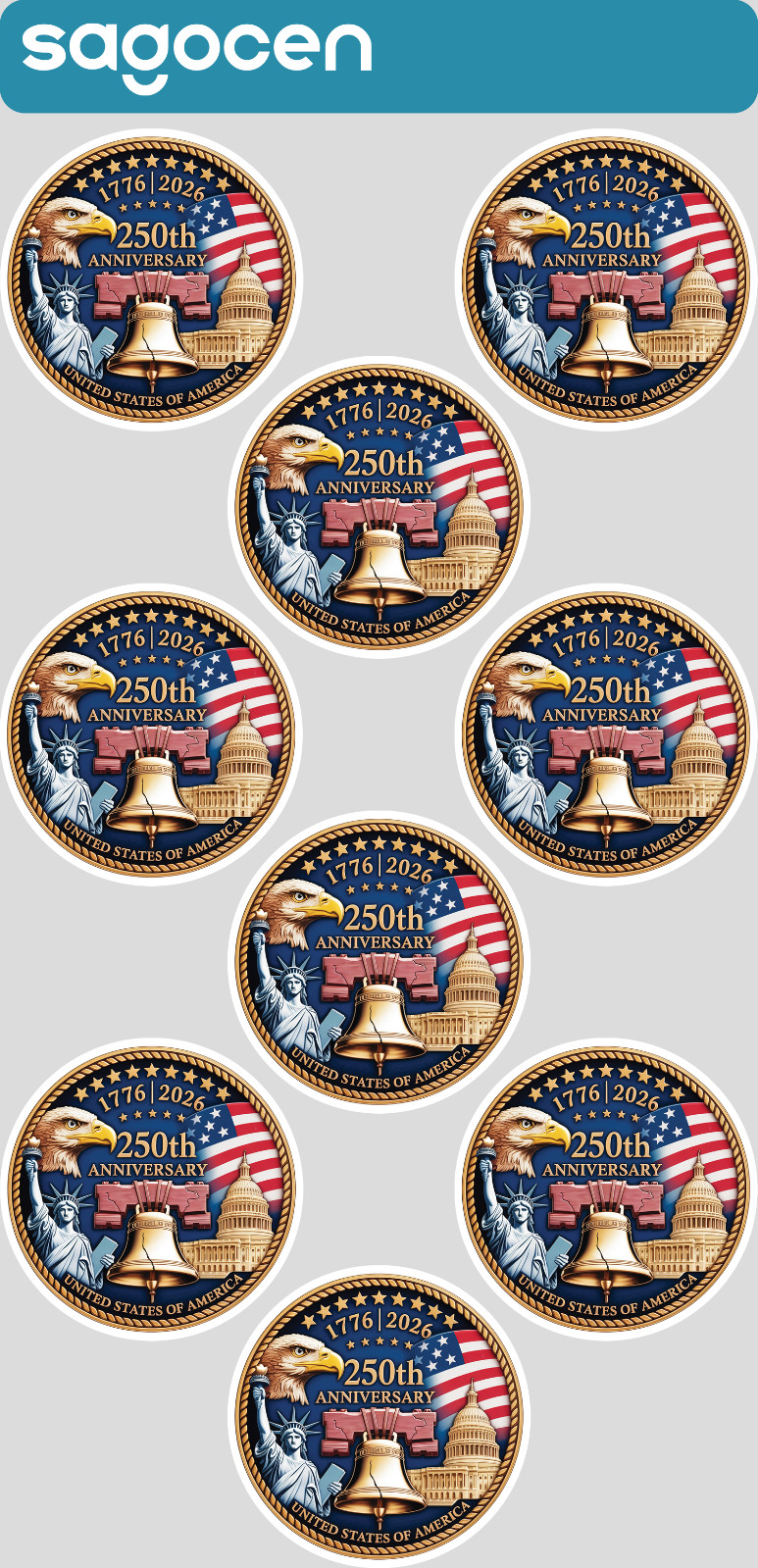 9pcs 250th Anniversary of USA Sticker Sheet 2″ Patriotic Eagle Flag Liberty Bell