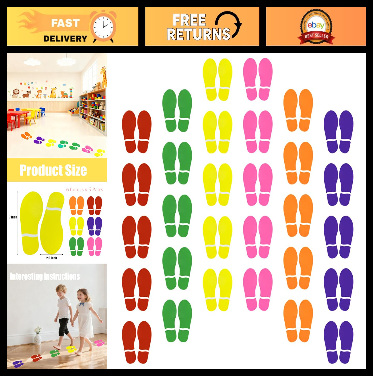 30 Pairs Colorful Footprint Stickers – 7″ Decals for Floor, Wall, Stairs, Party