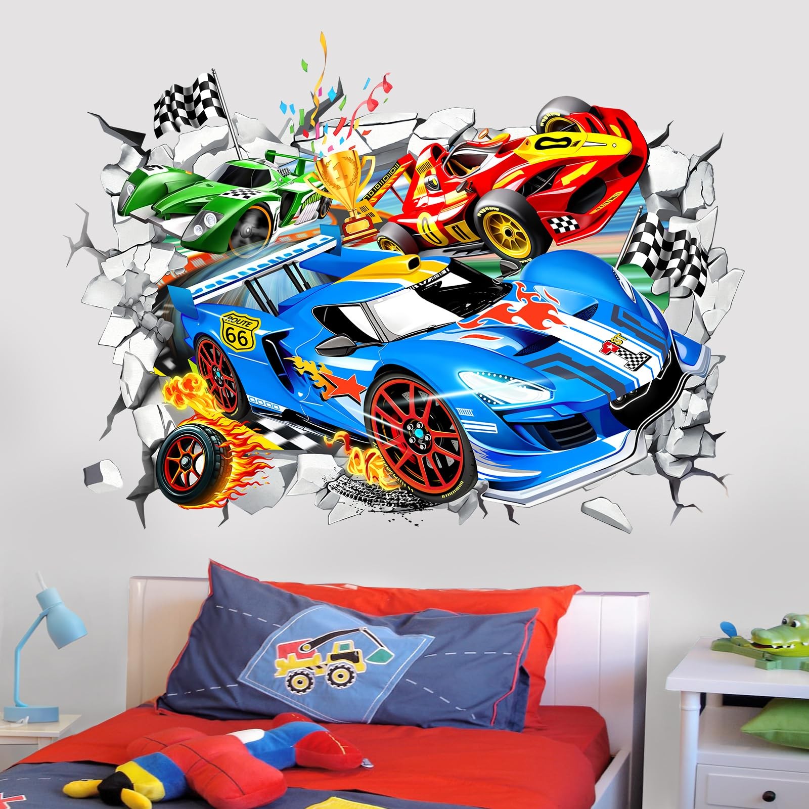 Large 3D Racing Car Wall Stickers Vehicles Break Through Peel and Stick Wall …