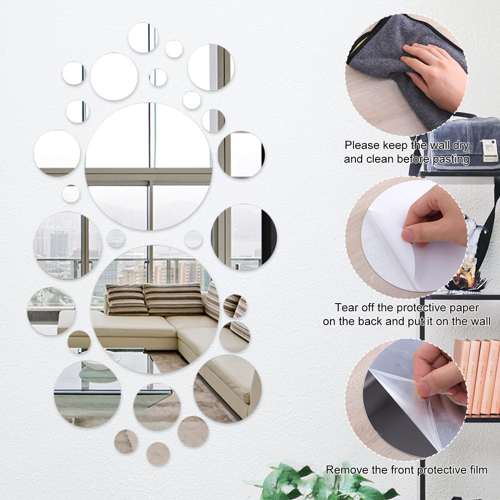 32Pcs Round Acrylic Mirror Stickers Wall Decor Decals DIY Self-Adhesive Wall Art