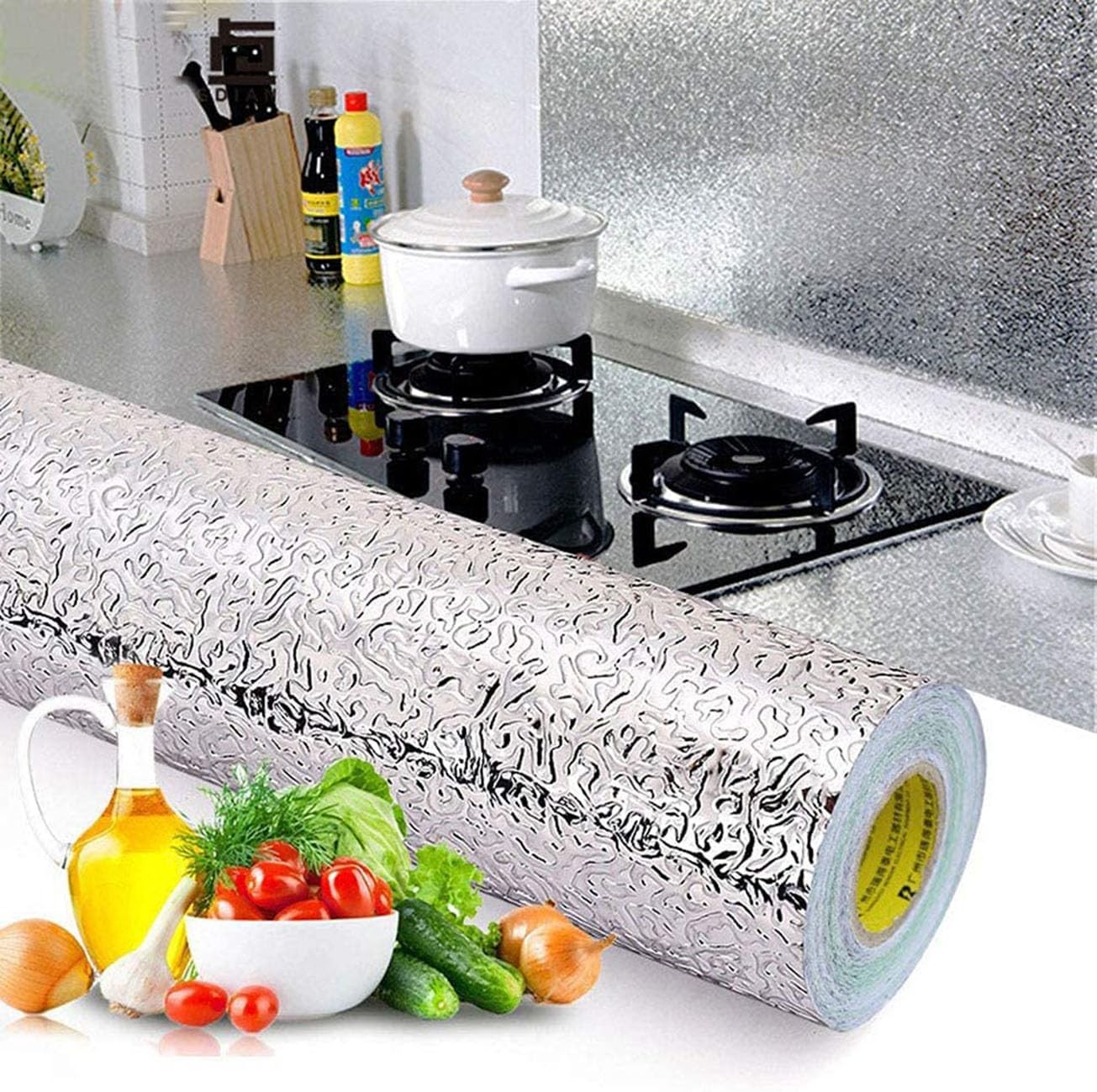 Beminh Kitchen Wallpaper Oil Proof Sticker Backsplash 15.7″W x 118″L, Silver
