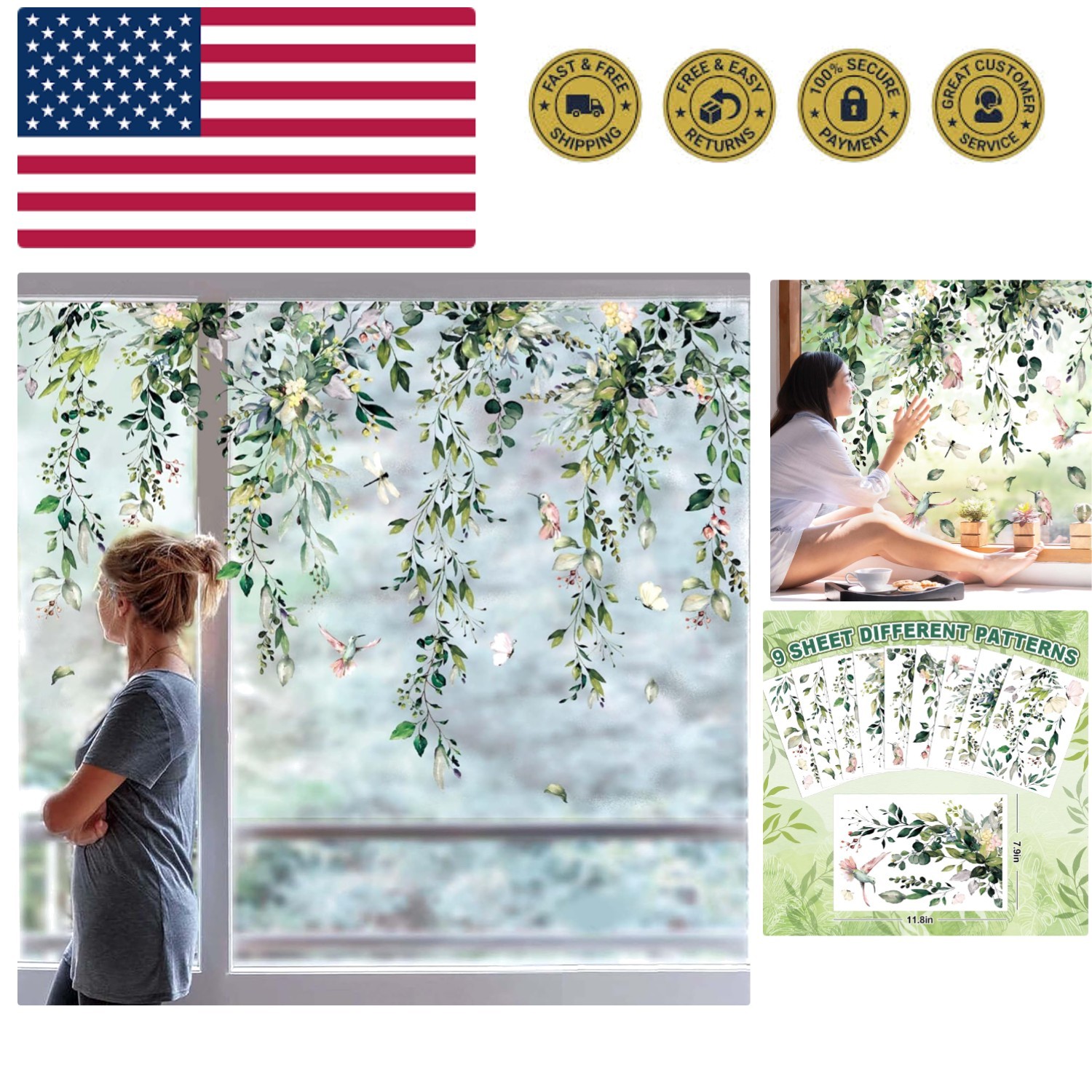9 Sheets Spring Summer Flowers Window Clings Eucalyptus Flower Glass Stickers…
