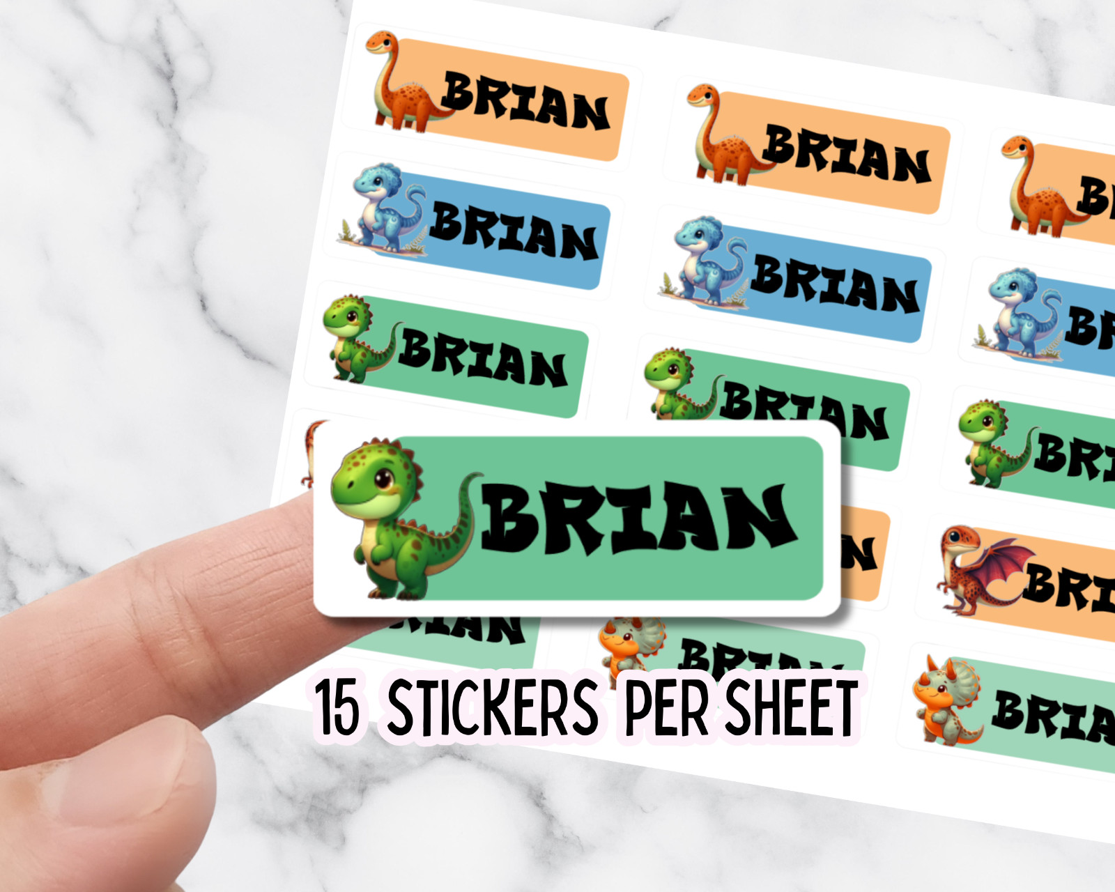 Custom Name Dinosaur Stickers – 15-Pack Label Sheet for Kids, 2″ Name Tags