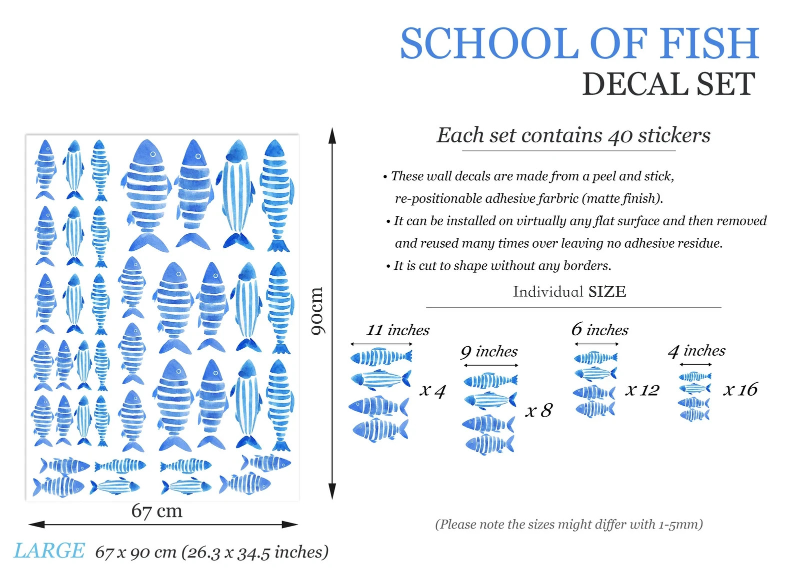 Watercolour School of Fish Kids Room Decal Wall Stickers – Peel & Stick-BR471