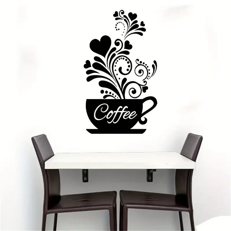 Black Flower Potted Coffee Pattern Wall Sticker Removable Wall Decals