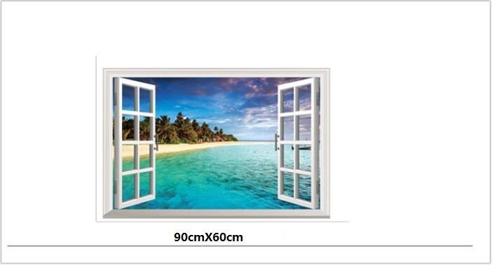 Wall Sticker 3D Window Mediterranean Beach Living Room Bedroom Decal Lobby Mural