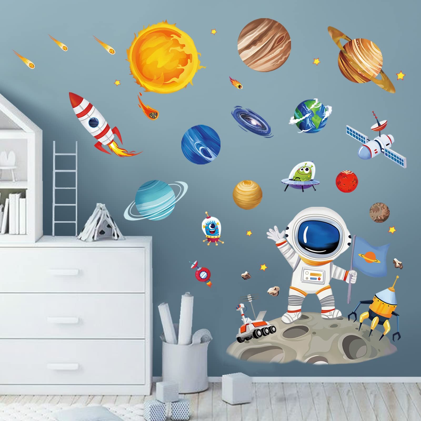 Outer Space Astronaut Wall Stickers Planets Rocket Peel and Stick Wall Art De…