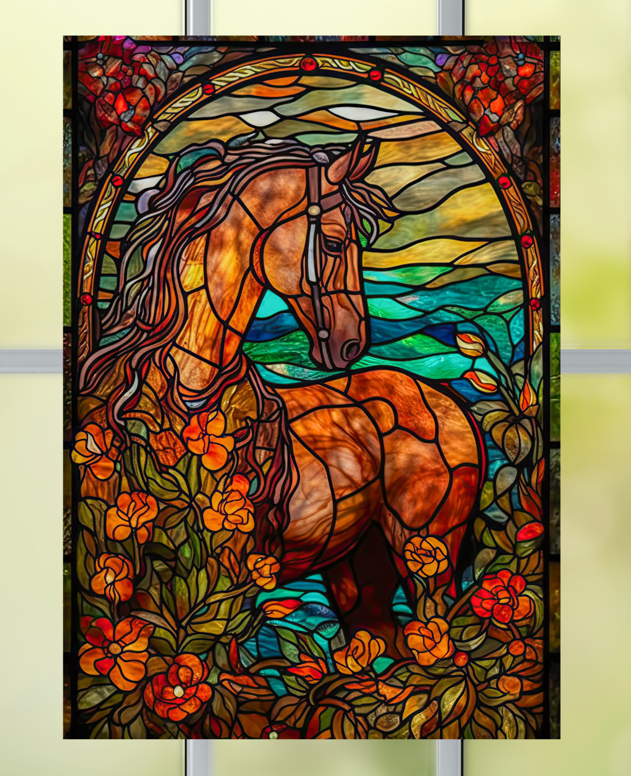 Brown Horse Faux Stained-Glass WINDOW CLING Size 10.6″ Repositionable Vinyl