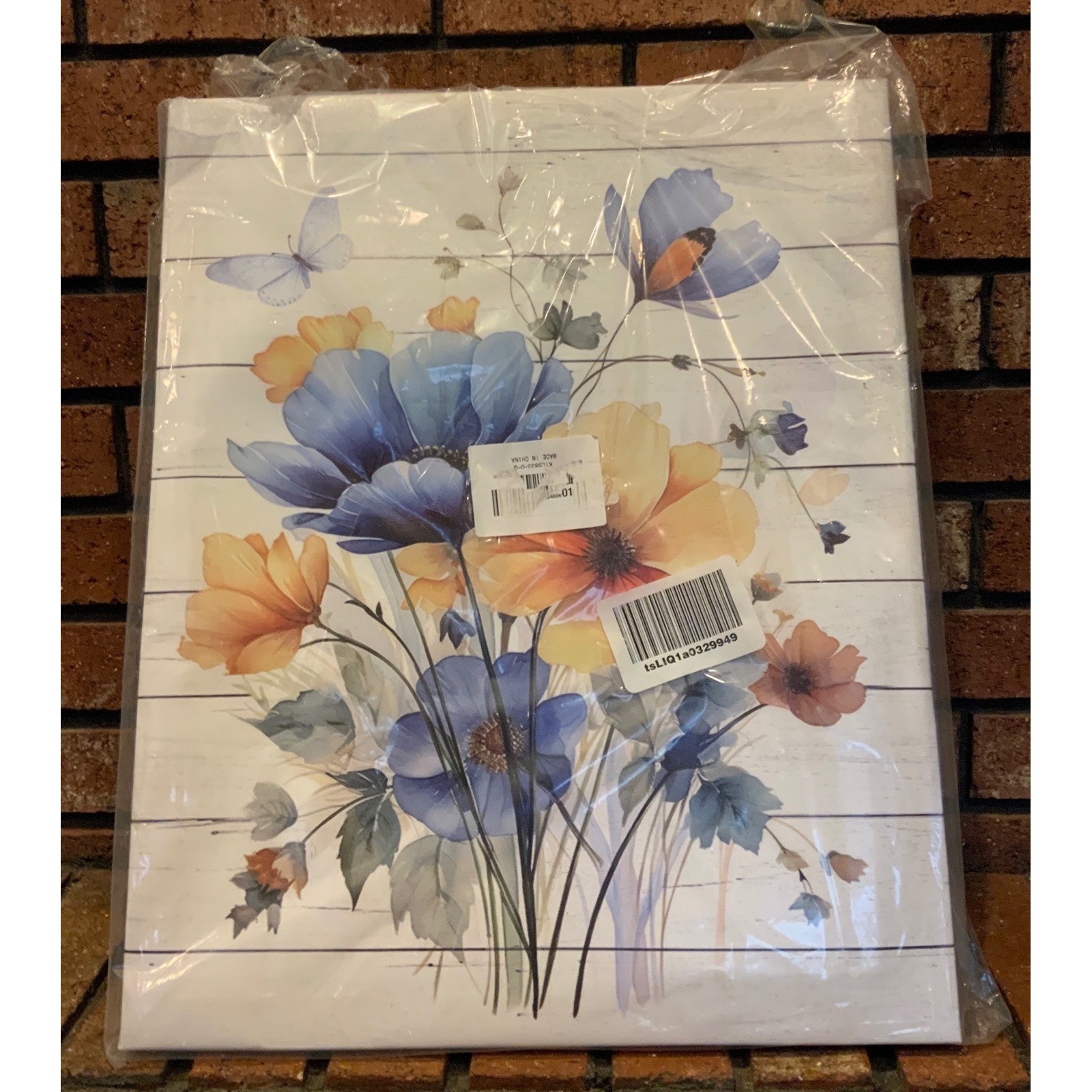 Blue and Yellow Floral Wall Art Watercolor Butterfly Flower Plant Canvas 16″x20″